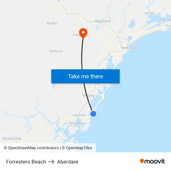 Forresters Beach to Aberdare map