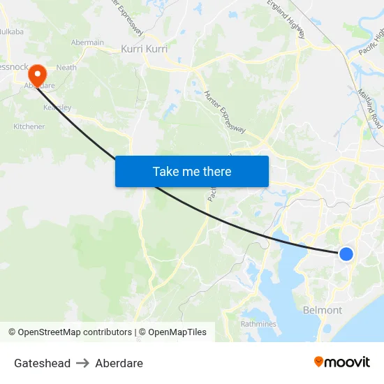 Gateshead to Aberdare map