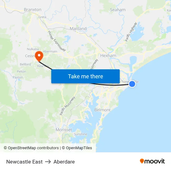 Newcastle East to Aberdare map