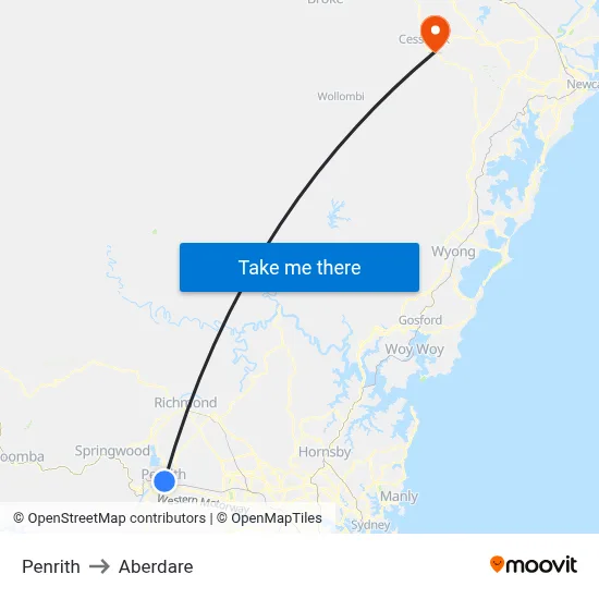 Penrith to Aberdare map
