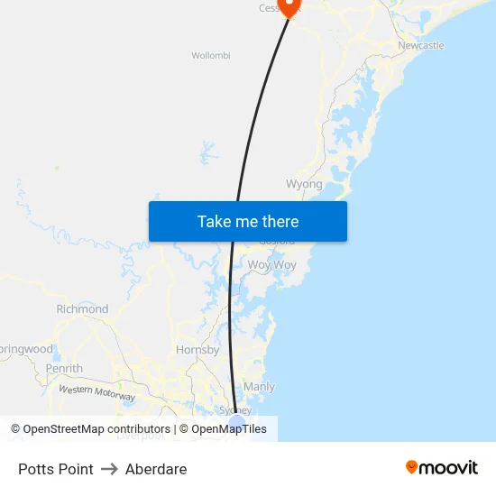 Potts Point to Aberdare map