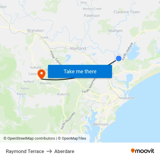 Raymond Terrace to Aberdare map