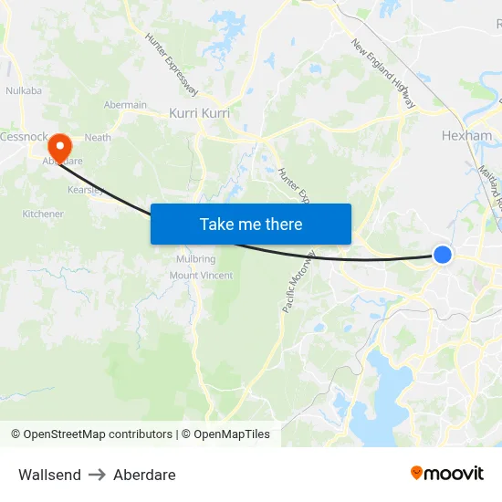 Wallsend to Aberdare map