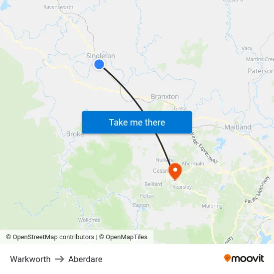 Warkworth to Aberdare map