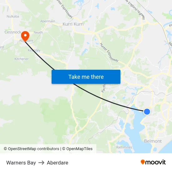 Warners Bay to Aberdare map