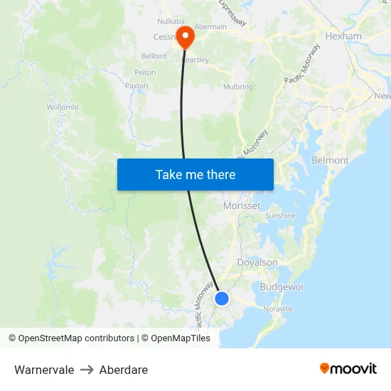 Warnervale to Aberdare map