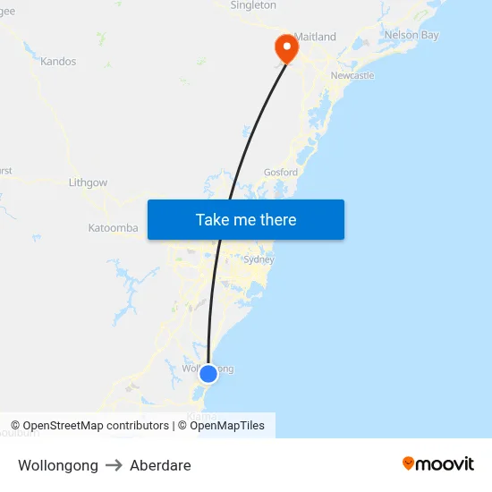 Wollongong to Aberdare map