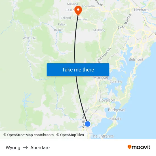 Wyong to Aberdare map