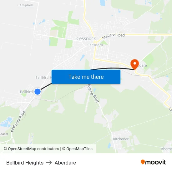Bellbird Heights to Aberdare map