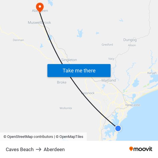 Caves Beach to Aberdeen map