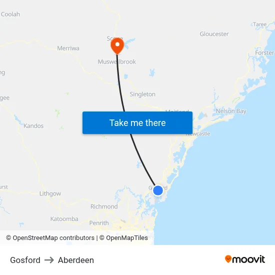 Gosford to Aberdeen map