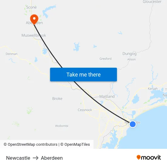 Newcastle to Aberdeen map