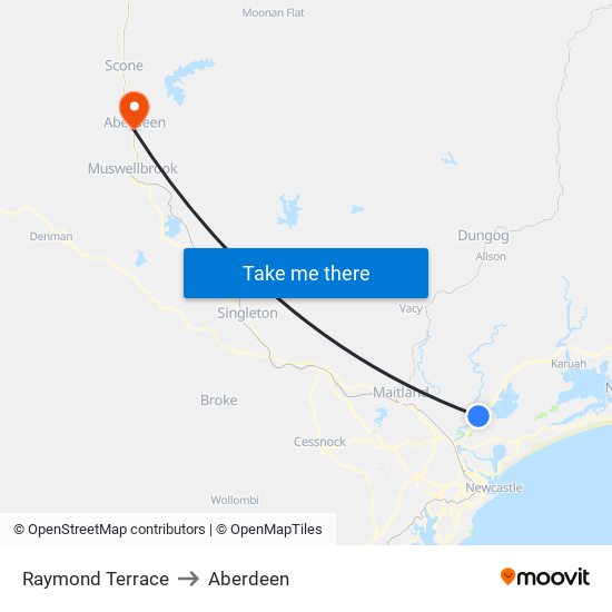 Raymond Terrace to Aberdeen map