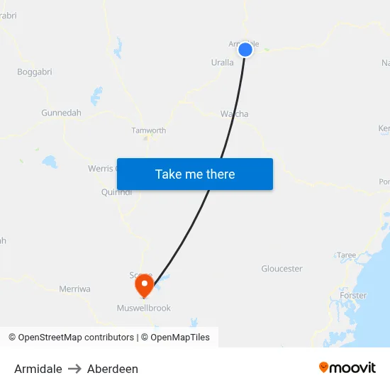 Armidale to Aberdeen map