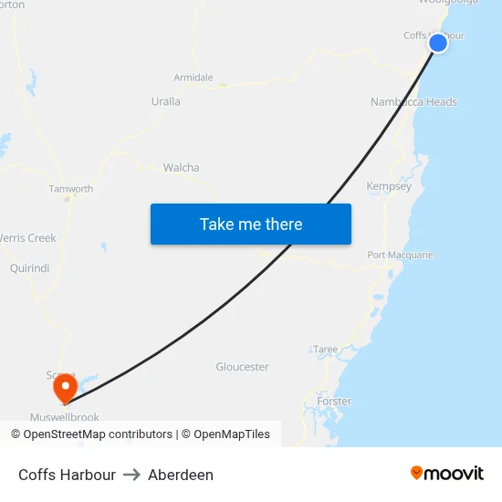 Coffs Harbour to Aberdeen map