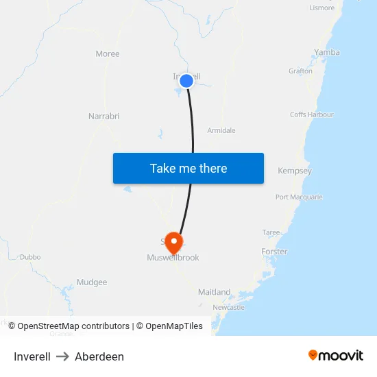 Inverell to Aberdeen map