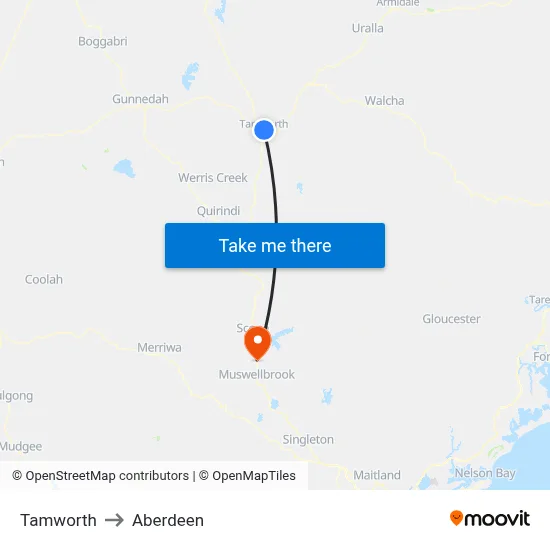 Tamworth to Aberdeen map
