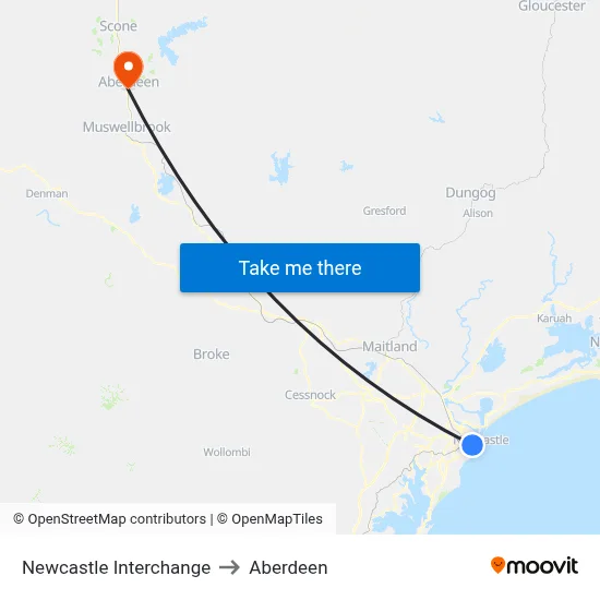 Newcastle Interchange to Aberdeen map
