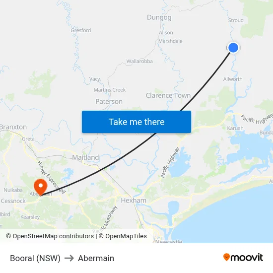 Booral (NSW) to Abermain map