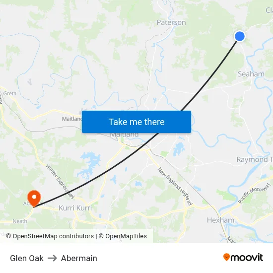 Glen Oak to Abermain map