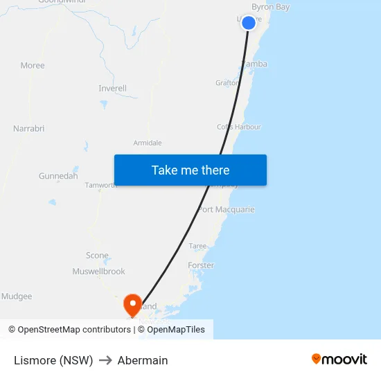 Lismore (NSW) to Abermain map