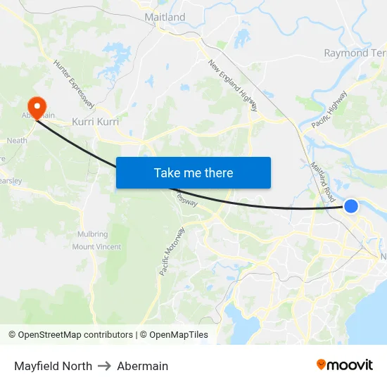 Mayfield North to Abermain map