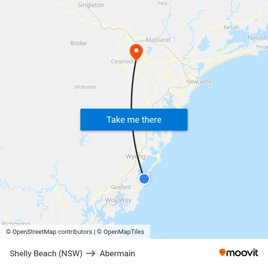 Shelly Beach (NSW) to Abermain map