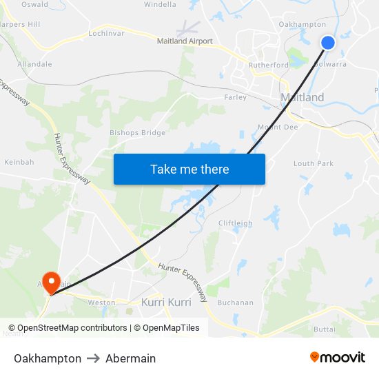 Oakhampton to Abermain map