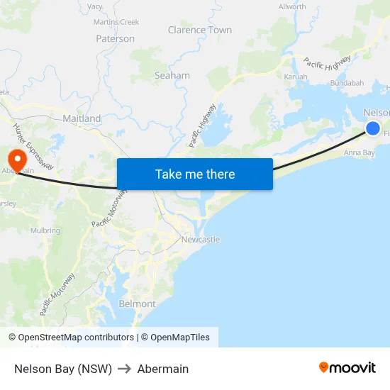 Nelson Bay (NSW) to Abermain map