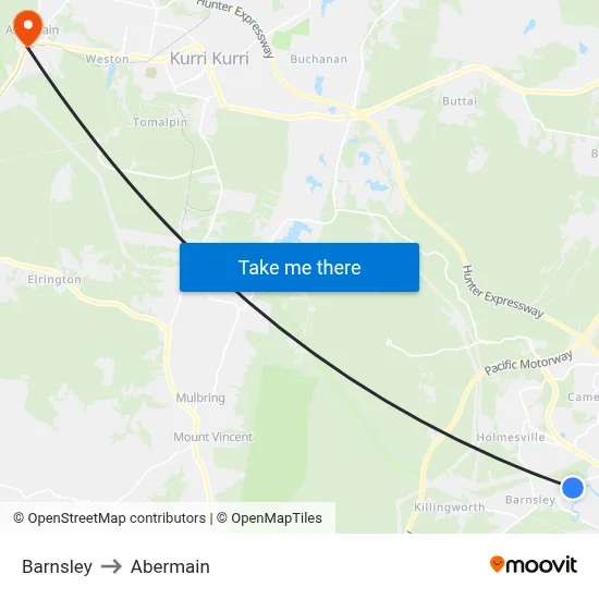Barnsley to Abermain map