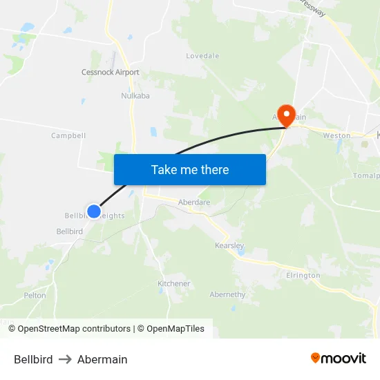 Bellbird to Abermain map