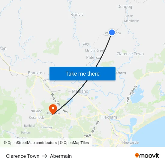 Clarence Town to Abermain map