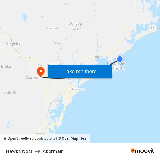 Hawks Nest to Abermain map