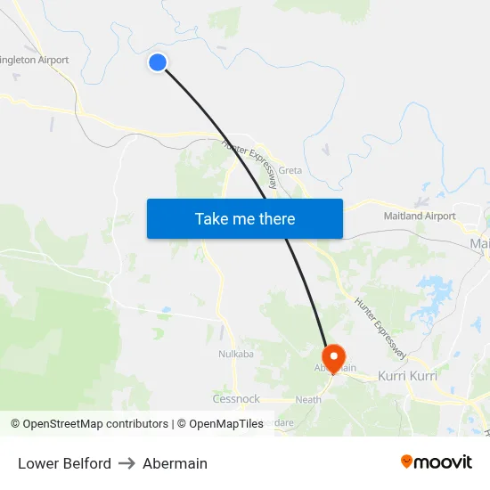 Lower Belford to Abermain map