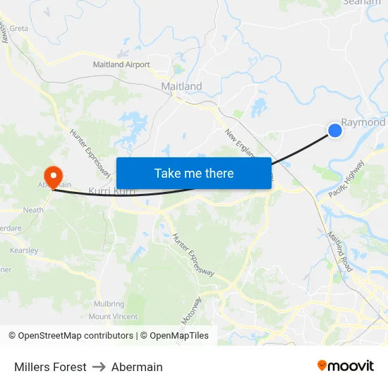 Millers Forest to Abermain map