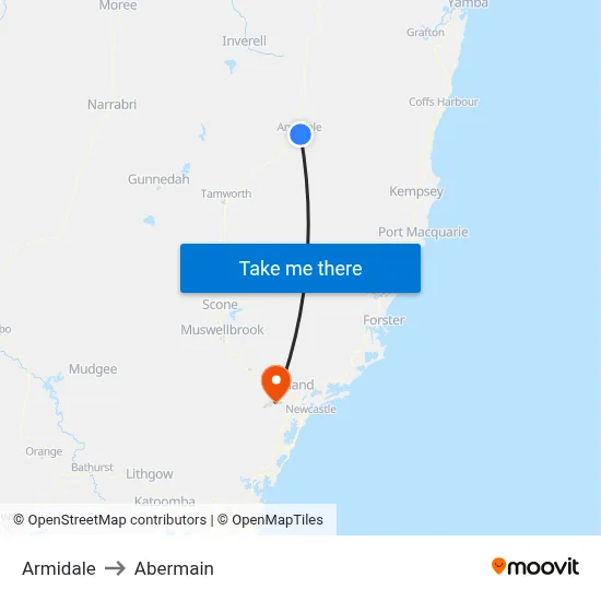 Armidale to Abermain map