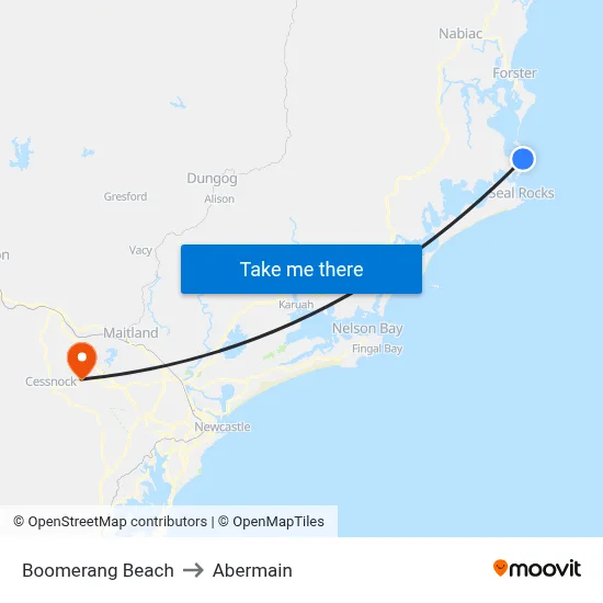Boomerang Beach to Abermain map