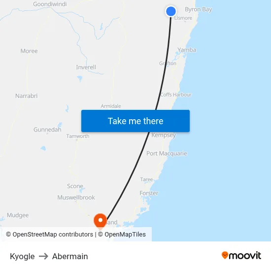 Kyogle to Abermain map