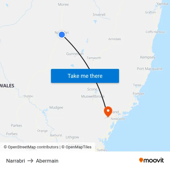 Narrabri to Abermain map