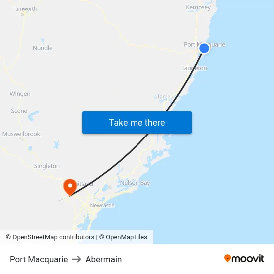 Port Macquarie to Abermain map