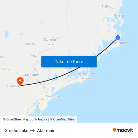 Smiths Lake to Abermain map