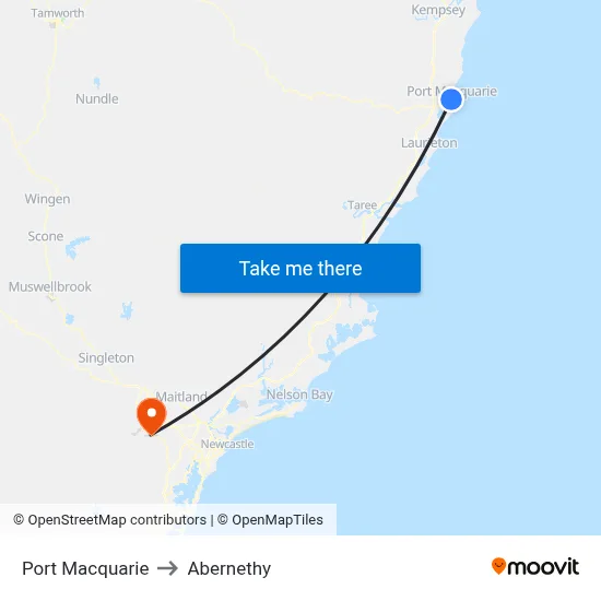 Port Macquarie to Abernethy map