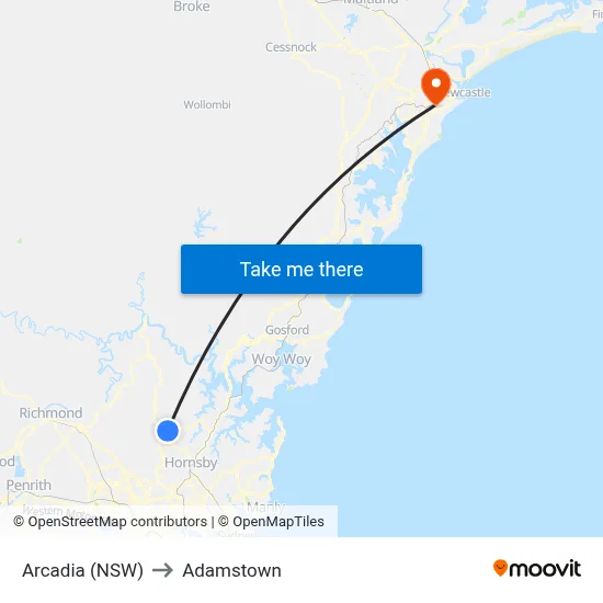 Arcadia (NSW) to Adamstown map