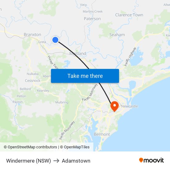 Windermere (NSW) to Adamstown map