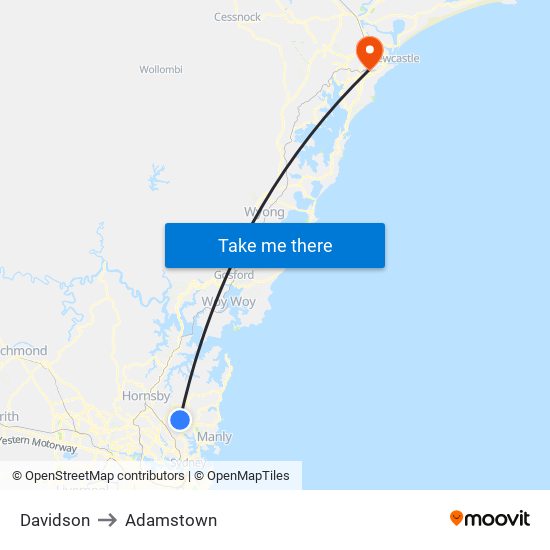 Davidson to Adamstown map