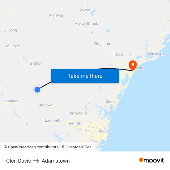 Glen Davis to Adamstown map