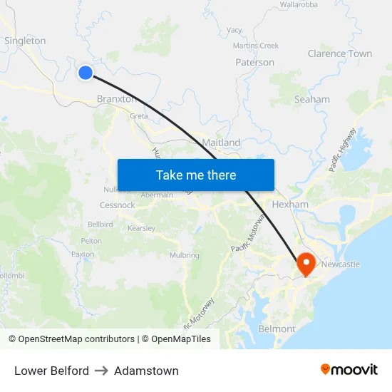 Lower Belford to Adamstown map