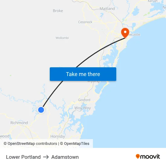 Lower Portland to Adamstown map