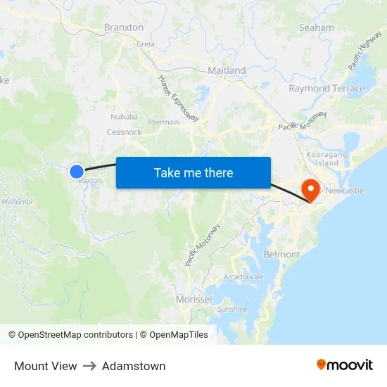 Mount View to Adamstown map