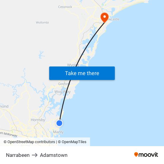 Narrabeen to Adamstown map